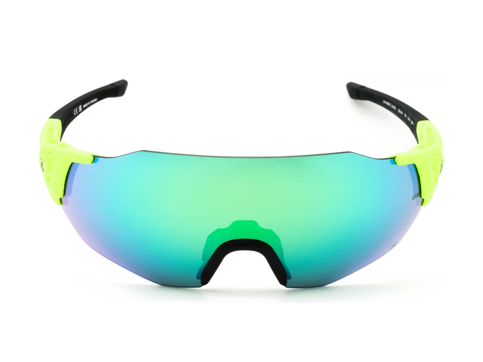 Under Armour Next Level sunglasses in fluorescent green and black, front view