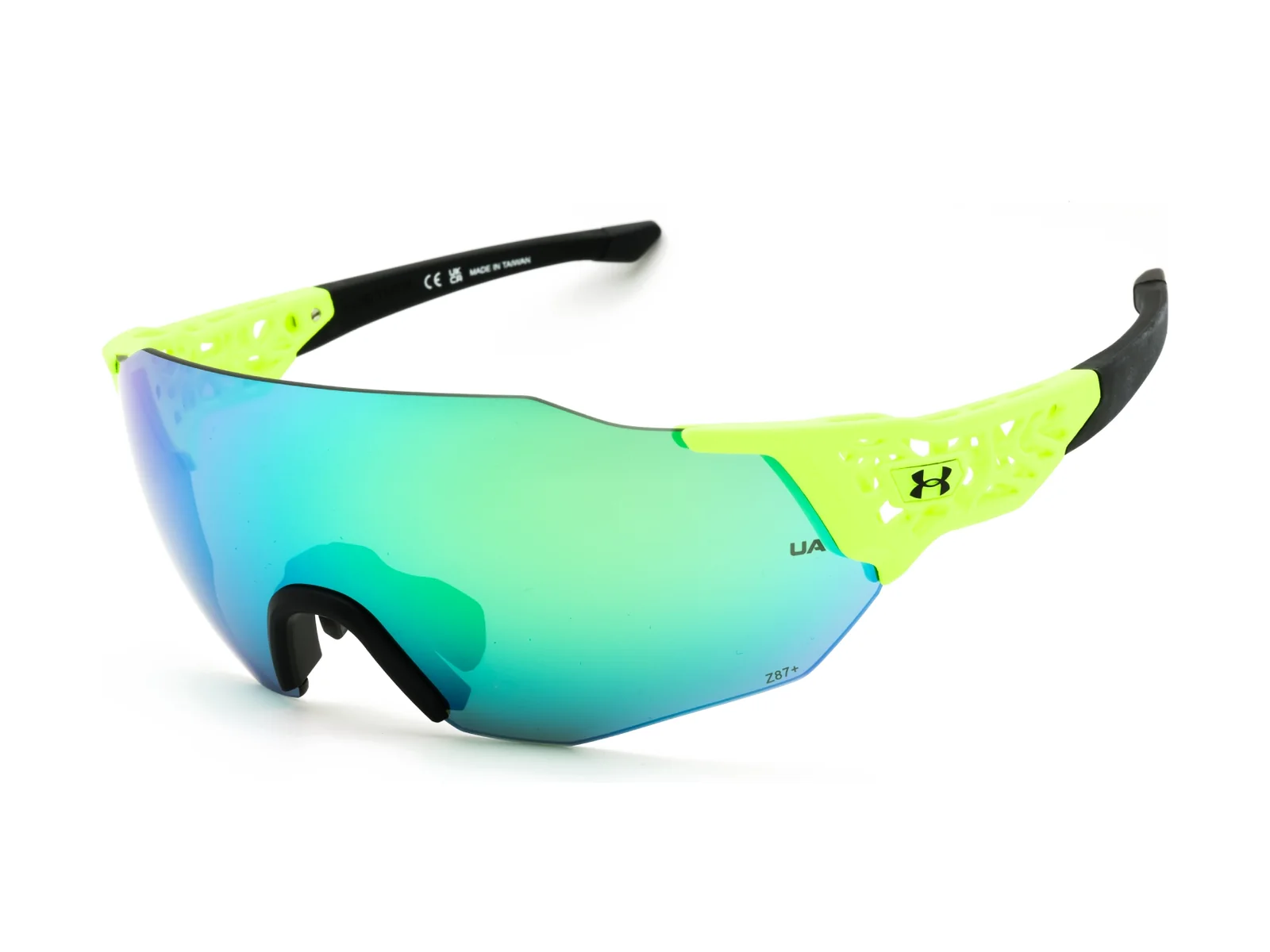 Under Armour Next Level sunglasses in fluorescent green and black, side view